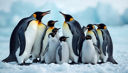 Obraz premium A heartwarming scene of emperor penguins and their chicks huddled together on icy terrain, surrounded by a frozen Antarctic landscape with soft natural lighting.
