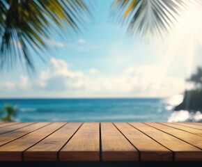 Fototapeta premium Wooden Tabletop with Blurred Tropical Beach Background