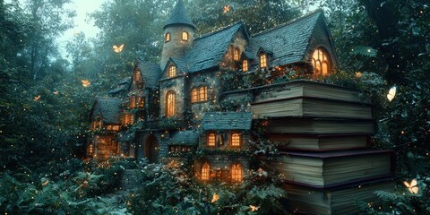 Enchanting Cottage Nestled in a Magical Forest with Glowing Lights and Butterflies