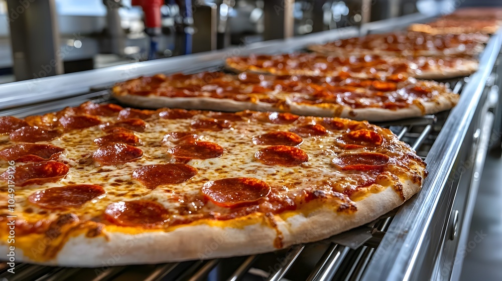 Poster automated conveyor system packaging frozen pizzas in a food processing factory or warehouse ready fo