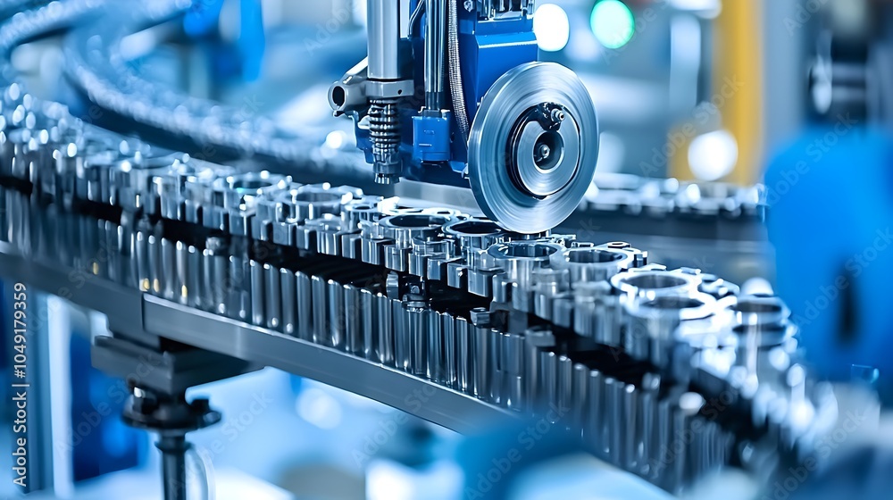 Poster automated industrial conveyor system transporting aluminum parts through a factory production line t