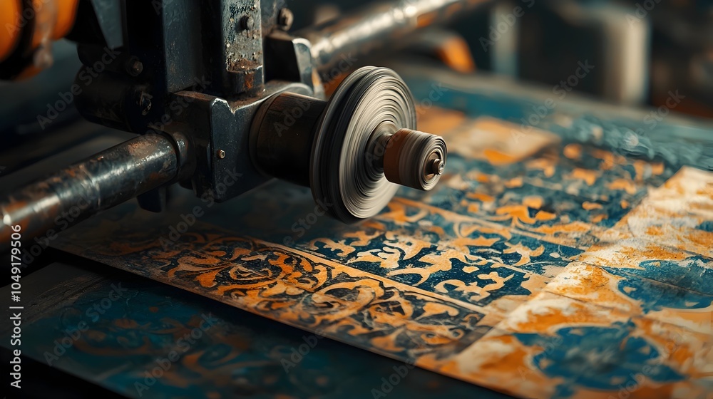 Poster Automated industrial printing machines applying intricate repeating decorative patterns on the surface of ceramic tiles for interior design home decor and architectural applications