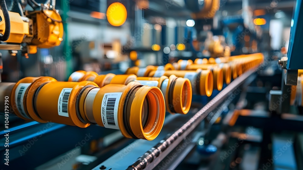 Aufkleber Automated machine applying product labels barcodes and identification codes to moving PVC pipes on an industrial production conveyor belt system in a factory or workshop setting