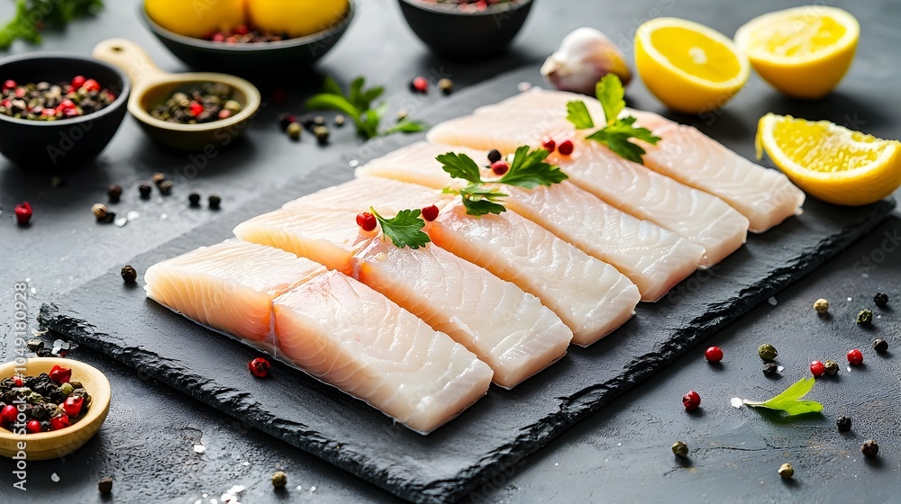 Poster Beautifully arranged kingfish fillets in a staggered row pattern creating an appealing and visually striking culinary display