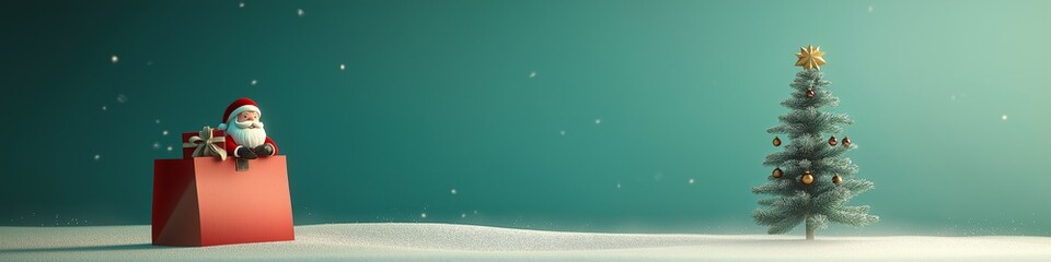 Santa claus emerges from a gift-filled shopping bag against a snowy christmas backdrop with a decorated tree and ample copy space on a teal background, banner