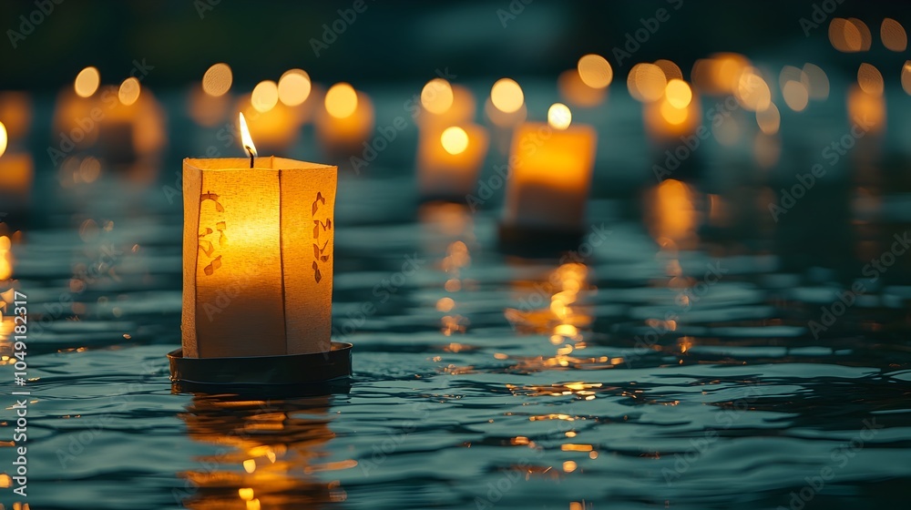 Poster breathtaking scene of the loy krathong festival in thailand with glowing candles floating on the cal