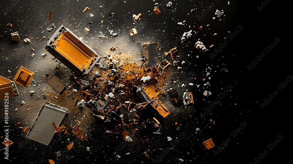 Poster Broken pieces and debris of an exploded satellite scattered and floating in the vastness of outer space drifting aimlessly in the zero gravity environment