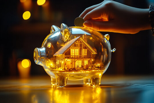 Casa dentro de um cofrinho transparente. Conceito de economizar para conquistar o sonho de uma casa pr&oacute;pria.