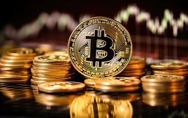 Bitcoin gold coin on defocused chart background. closeup, digital money.