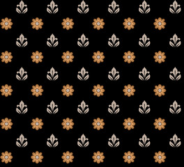 Seamless orange, brown and white floral motifs with abstract ditsy petals and polka dots on black background