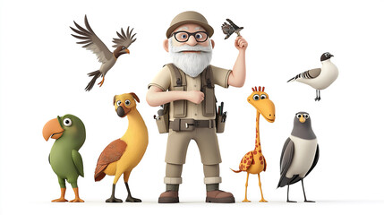 A cartoon zoologist character introduces various bird species while standing proudly on a white background, showcasing his passion for wildlife and nature conservation