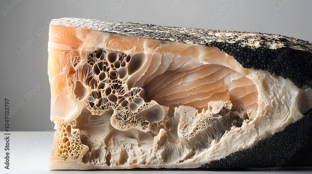 Poster Captivating close up of a cross section of rich flavorful black cod showcasing its unique and intricate textural patterns  This image can be used for culinary food or design related projects
