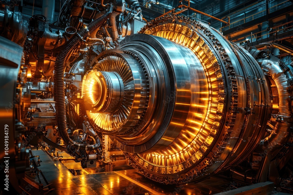 Poster close-up of a large industrial turbine engine with glowing components
