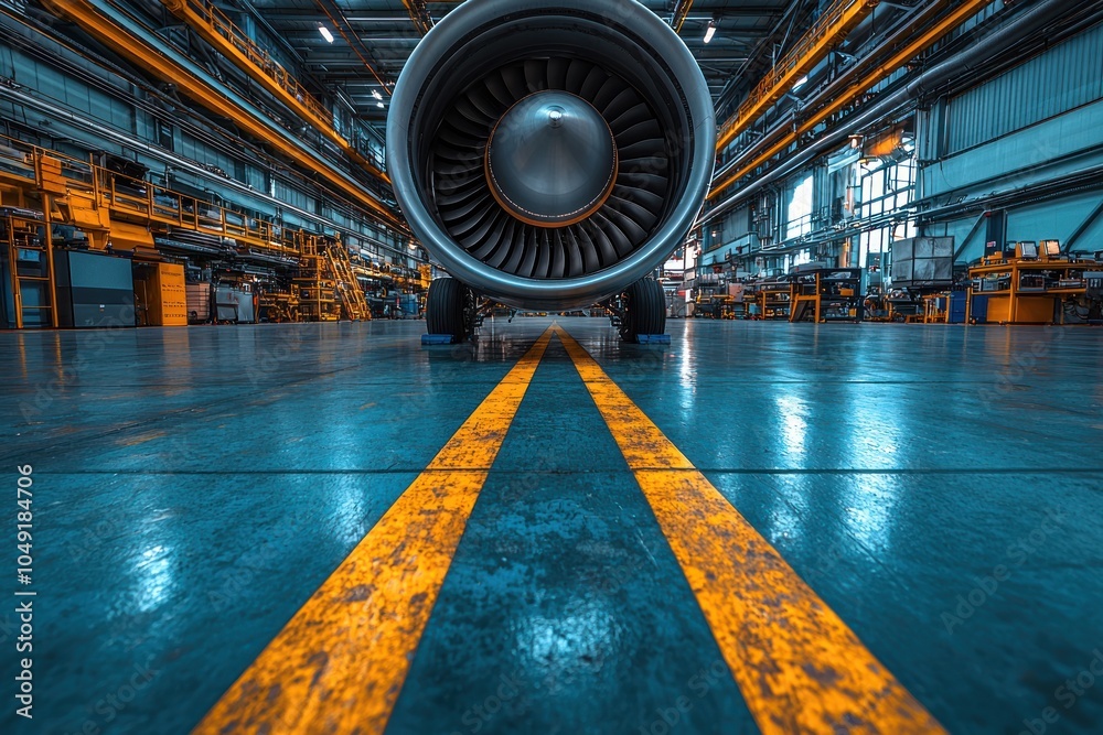 Poster airplane engine in a hangar with yellow lines on the floor