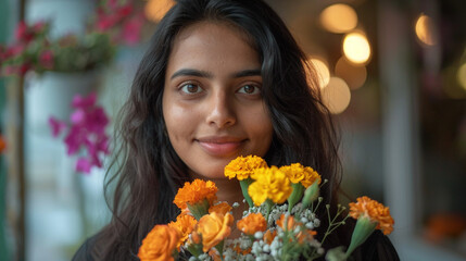 Naklejka premium Latin beautiful young brunette girl holding a carnations bouquet in her hands in front of her face on studio bokeh background. Woman's beauty and nature concept