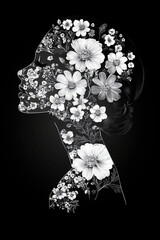 Abstract Floral Black and White Outline Portrait of Women, Artistic Female Background Wallpaper design