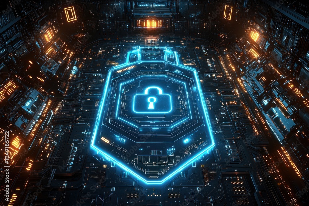 Poster futuristic cyber security system with glowing blue lock icon