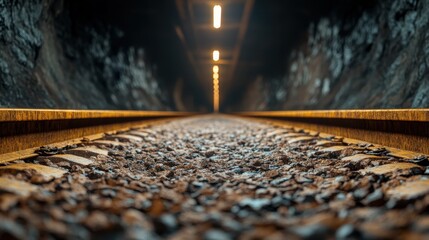 Obraz premium A view of a railroad track receding into a dimly lit tunnel, suggesting themes of mystery and journey, with gritty textures and dramatic lighting elements for a moody ambiance.