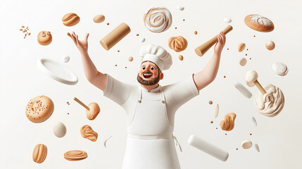 A cheerful cartoon baker character joyfully showcases an array of pastries and baked goods in a whimsical kitchen setting, celebrating the art of baking amidst flying treats