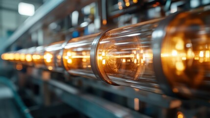 Close-up of glowing glass tubing radiating a warm amber light. This captivating industrial image embodies innovation, modernity, and illuminating artistry in a tech ambiance.