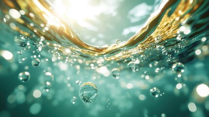 An underwater scene capturing the essence of purity and hydration with enchanting bubbles floating upwards in a serene and light-filled aquatic environment.