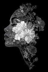 Abstract Floral Black and White Outline Portrait of Women, Artistic Female Background Wallpaper design