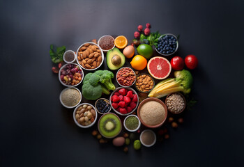 A variety of healthy foods arranged in a heart shape on a dark background.
