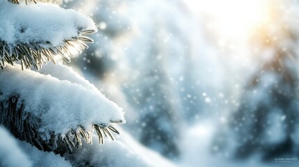 A close-up of snow-laden fir branches, dusted with delicate snowflakes, captures the gentle glimmer of the winter sunlight, reflecting the purity and beauty of winter.