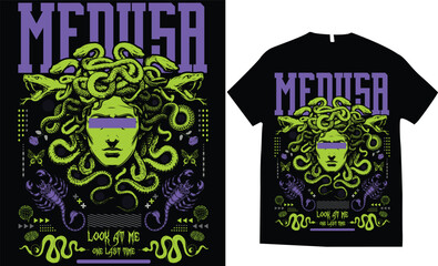 mythological character Medusa Gorgon dark illustration snakes hair woman face t-shirt text background