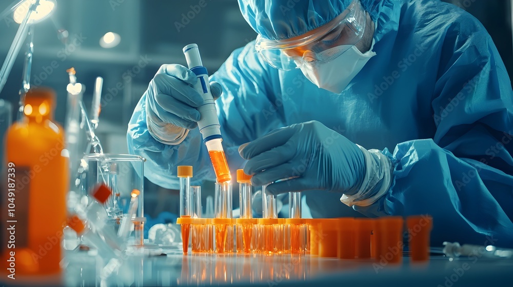 Poster Close up View of Worker Gluing PVC Pipe Joints in a Laboratory Setting with Scientific Glassware and Equipment Visible