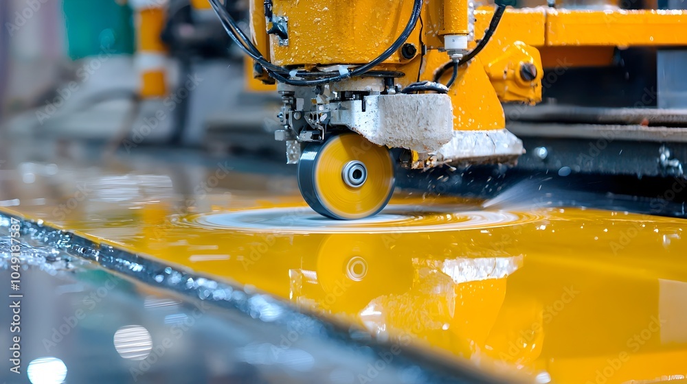 Poster Close up View of an Industrial Grinding Machine Meticulously Polishing the Surface of Tiles Showcasing the Intricate Manufacturing Process and Attention to Detail in Achieving a Smooth Shiny Finish