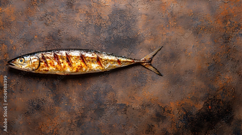 Poster close up of a whole smoked mackerel fillet laid flat on a plain white background with copy space for