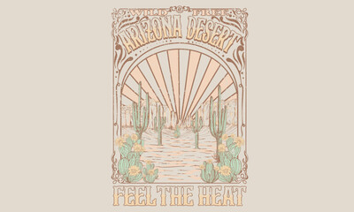 Desert adventure art. Arizona vintage print design for t shirt. Desert vibes artwork design for sticker, poster, background, fashion and others. Cactus tree with flower vector design.