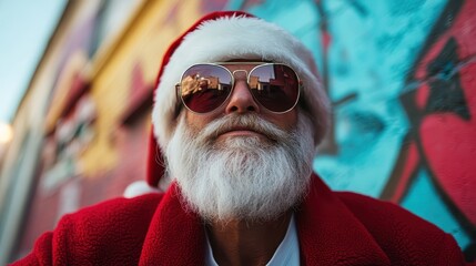 Portraying a stylish Santa in a red robe and sunglasses, this image juxtaposes the classic holiday character against a vibrant urban graffiti wall for a modern festive interpretation.