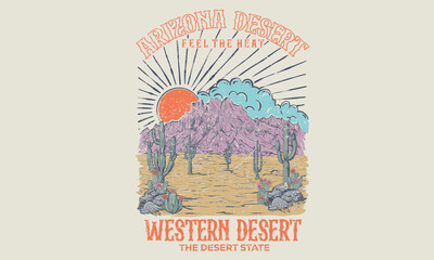 Arizona vintage print design for t shirt. Western desert vibes artwork design for sticker, poster, background, fashion and others. Cactus tree with flower vector design. Desert adventure art.