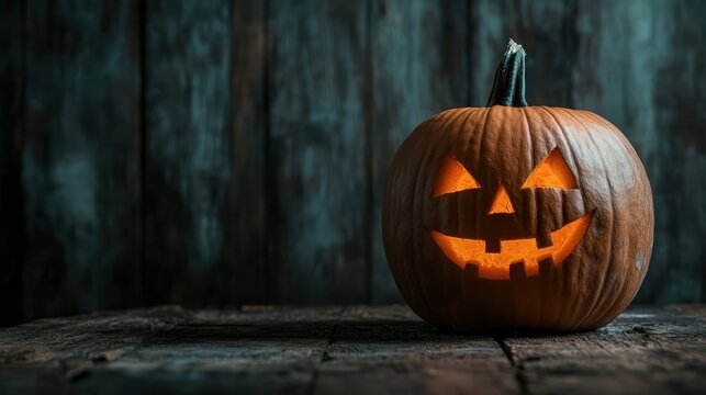 A glowing jack-o-lantern illuminates a dimly lit rustic space, creating an atmospheric scene that captures the playful spookiness and tradition of Halloween night.