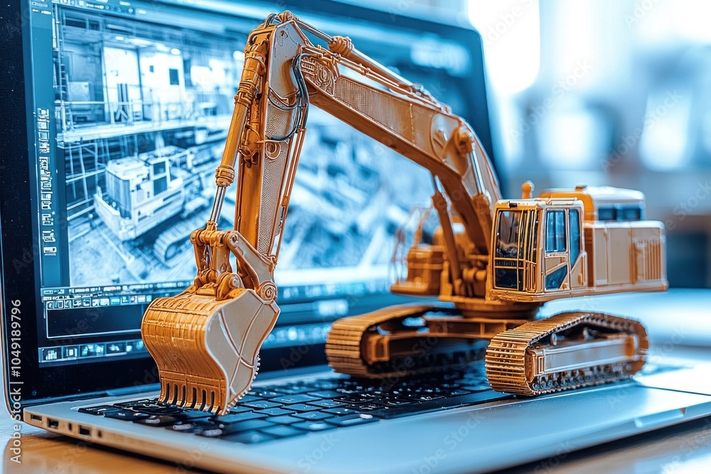 Poster Excavator Model on Laptop Keyboard with Blurred Background