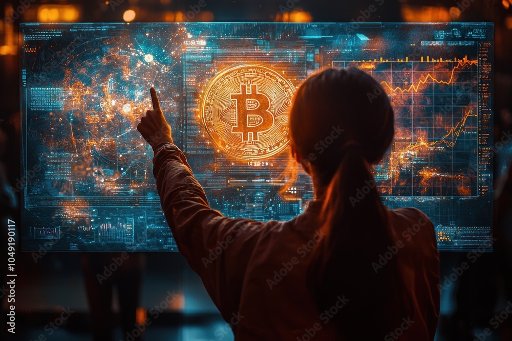 Aufkleber A Person Interacting with a Futuristic Interface Displaying Cryptocurrency and Data