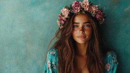 A serene young woman, wearing a colorful floral crown, stands against a textured blue background, reflecting tranquility and connection with nature's beauty.