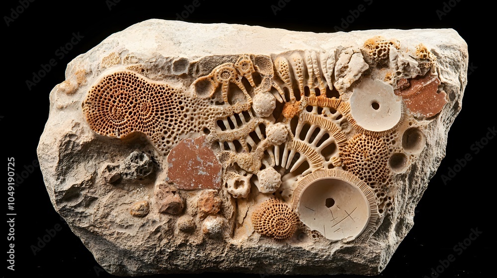 Leinwandbilder Close up view of a fossilized section of a crinoid stem revealing the intricate and elegant segmented patterns and textures of this ancient marine invertebrate creature from the prehistoric era
