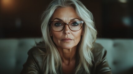 A distinguished woman with silver hair and glasses gazes thoughtfully, embodying wisdom and grace against a blurred background, evoking deep contemplation.