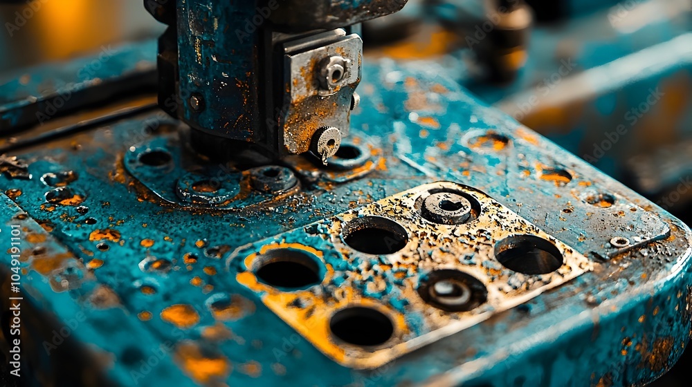 Poster close up view of a powerful stamping machine precisely forming unique patterns and textures onto the