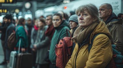 Obraz premium Passengers waiting at busy train station platform during rush hour. People in line
