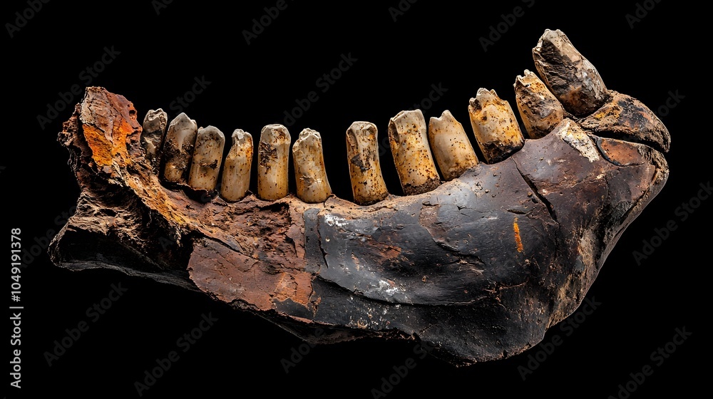 Poster close up view of a well preserved hadrosaur jaw fossil with worn serrated teeth on display in a natu