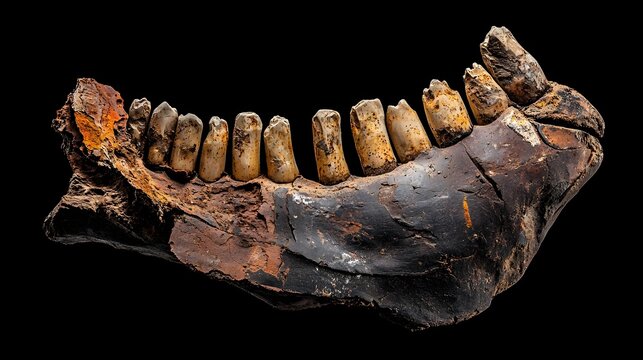 Close up view of a well preserved hadrosaur jaw fossil with worn serrated teeth on display in a natural history museum exhibit
