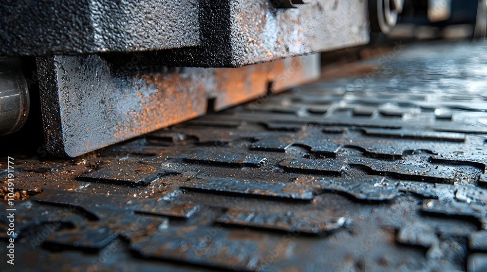 Poster close up view of an industrial stamping machine forming intricate geometric patterns on metal sheets