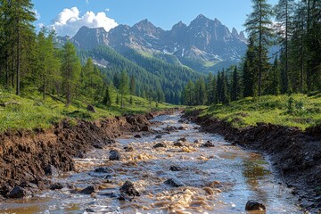 Mountain Stream Flowing Through a Forest Valley