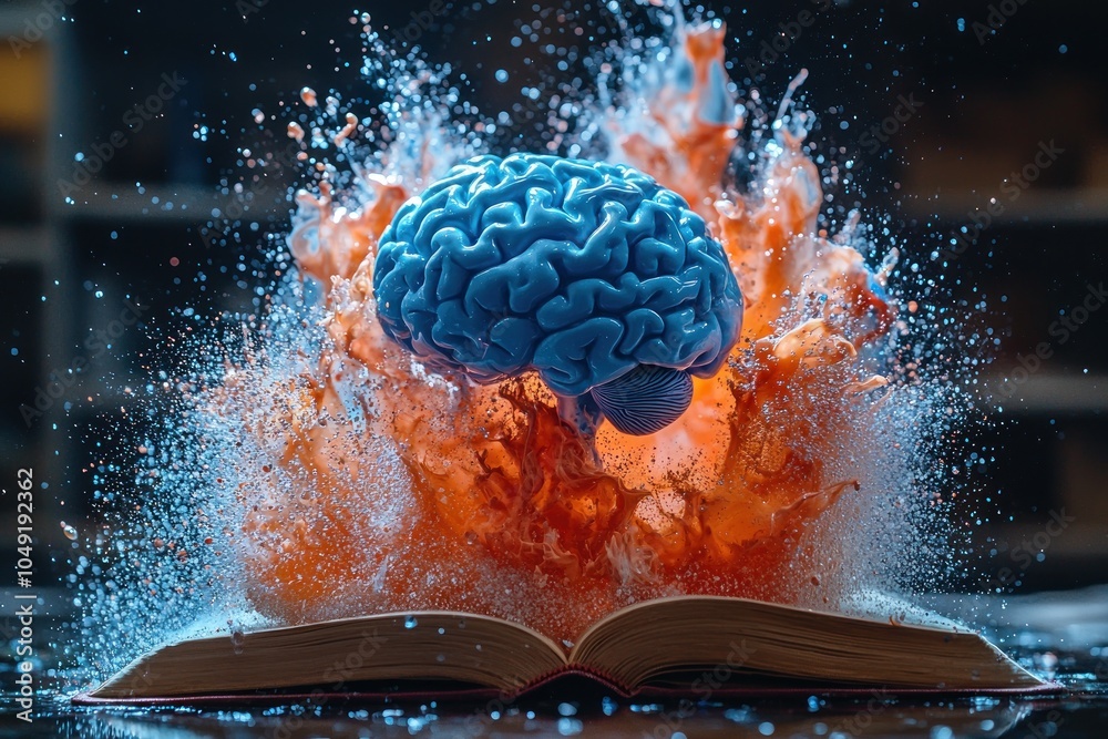 Poster blue brain emerging from open book with orange splash