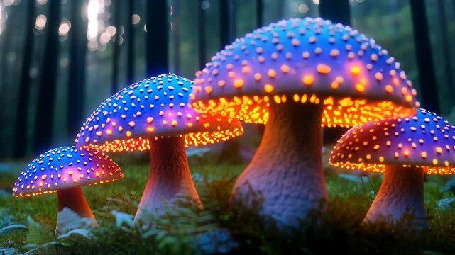 Glowing mushrooms in enchanted forest at dusk, magical ambiance