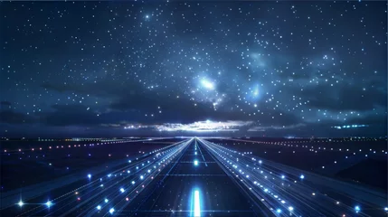 Futuristic starry night sky above a digital runway